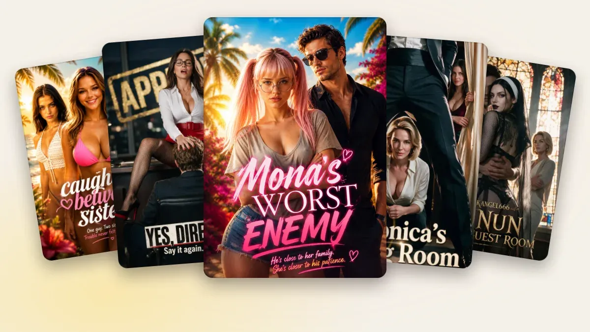 Candy AI Shorts series posters: Caught Between Sisters, YES, DIRECTOR, Mona's Worst Enemy, Veronica's Fitting Room and The Nun in Our Guest Room