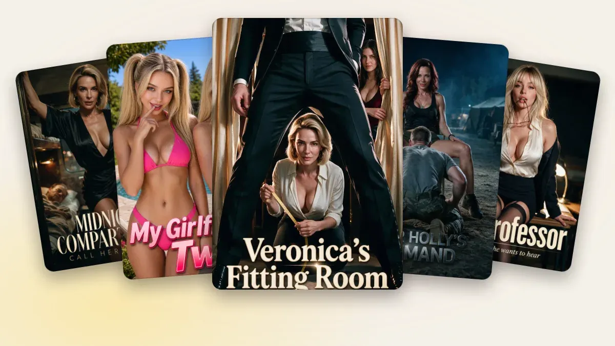 Candy AI Shorts series posters: Midnight Compartment, My Girlfriend's Twin, Veronica's Fitting Room, Under Holly's Command and Yes Professor